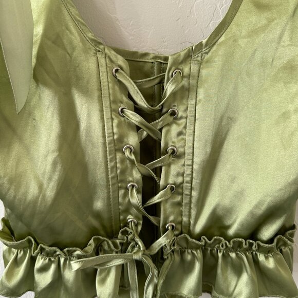Lime Green Satin Tie Shoulder Lace Up Corset - Picture 7 of 9